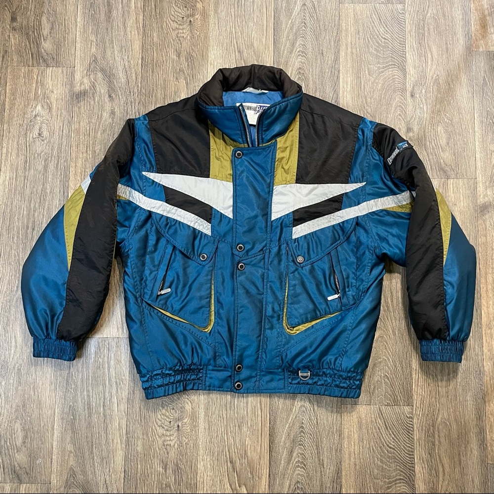 VTG 80s 90s Mens XL Downhill Racer Ski Jacket Blue Black Silver Gold Soft Shell